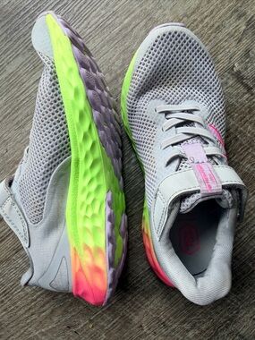 New Balance Fresh Foam Arishi Kids 12C Gray Pink Neon Running Shoes Hook Loop